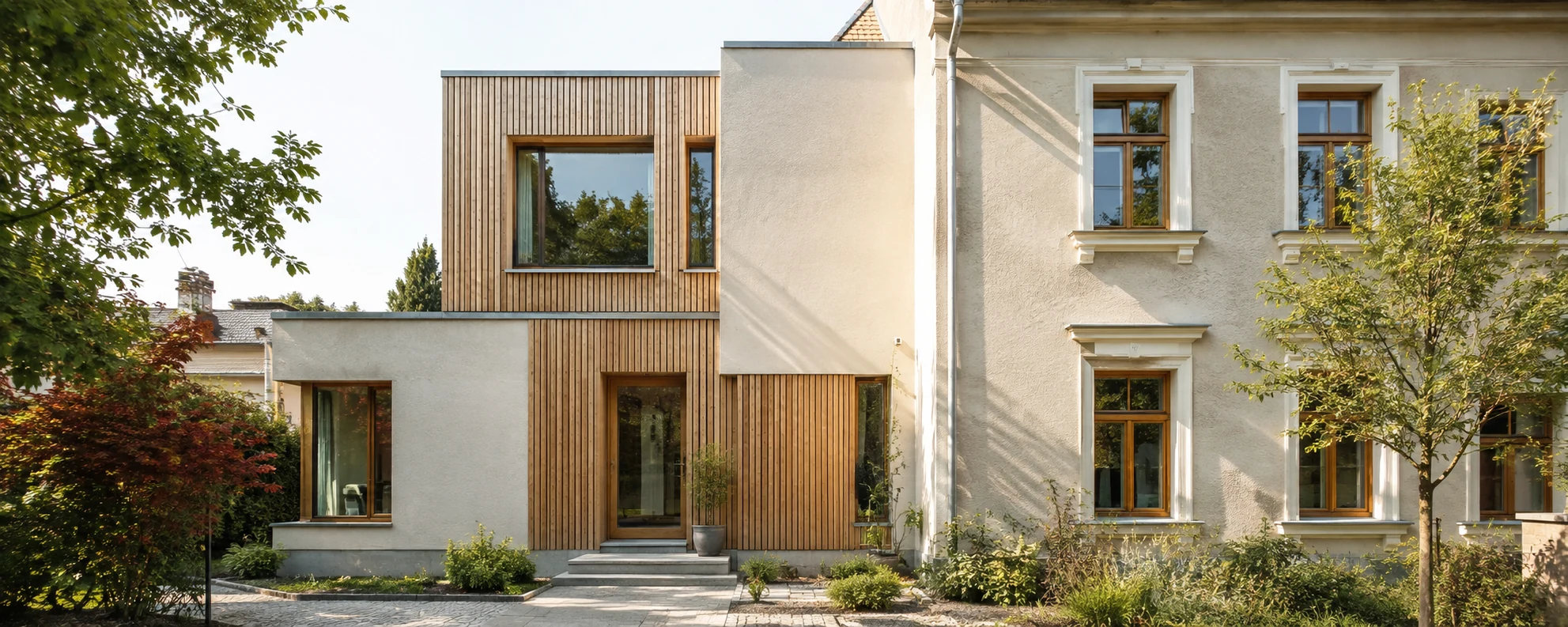 Wohnhausfassade mit Putz, Holz und klar gegliederten Fenstern