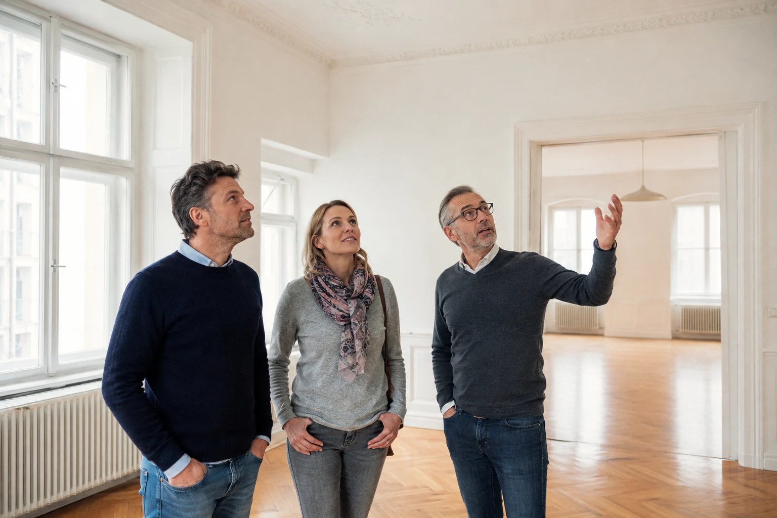 Kaufinteressenten besichtigen mit einem Berater einen hellen Wohnraum