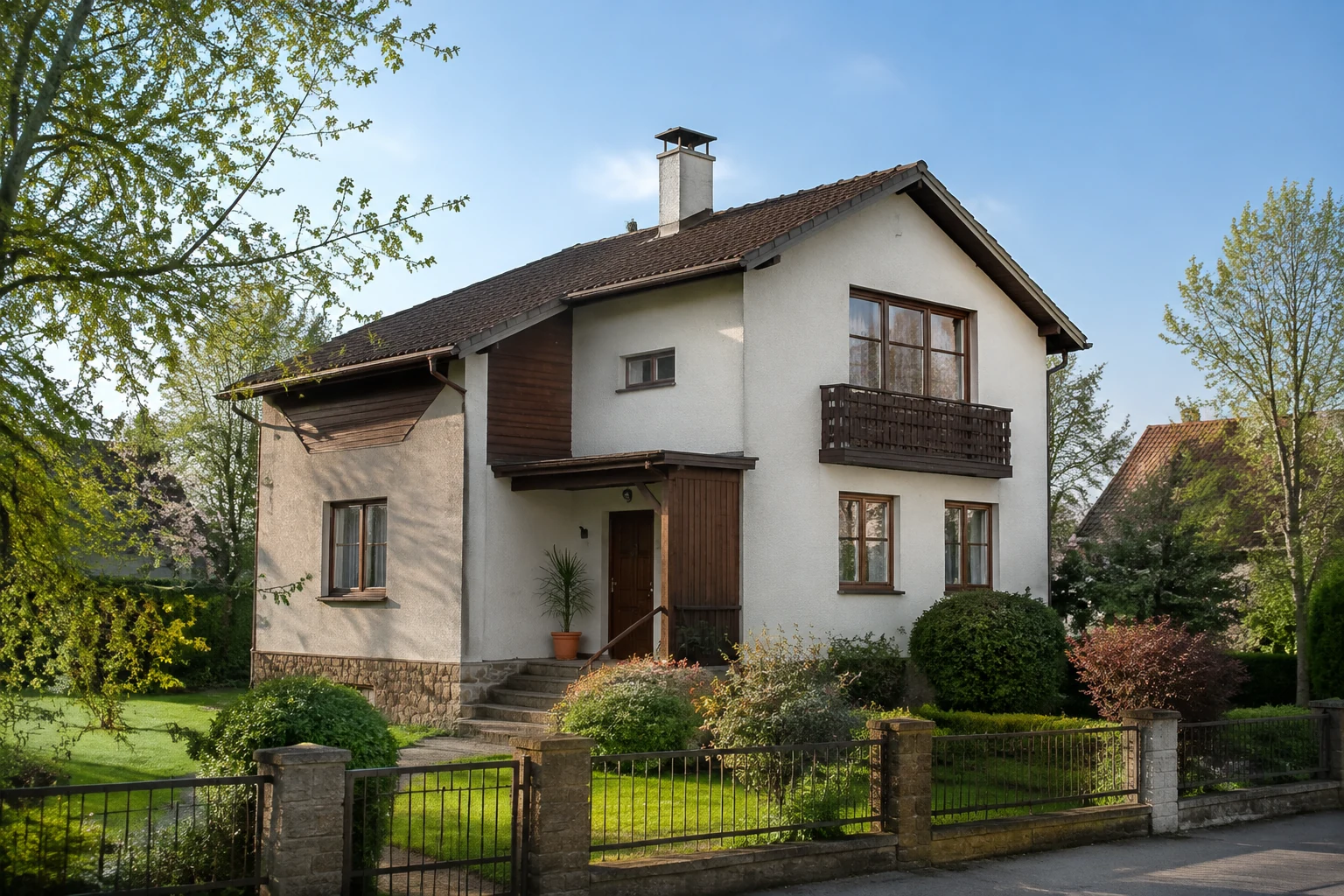 Wohnhaus mit eigenständiger Fassade, Holzdetails und gepflegtem Garten